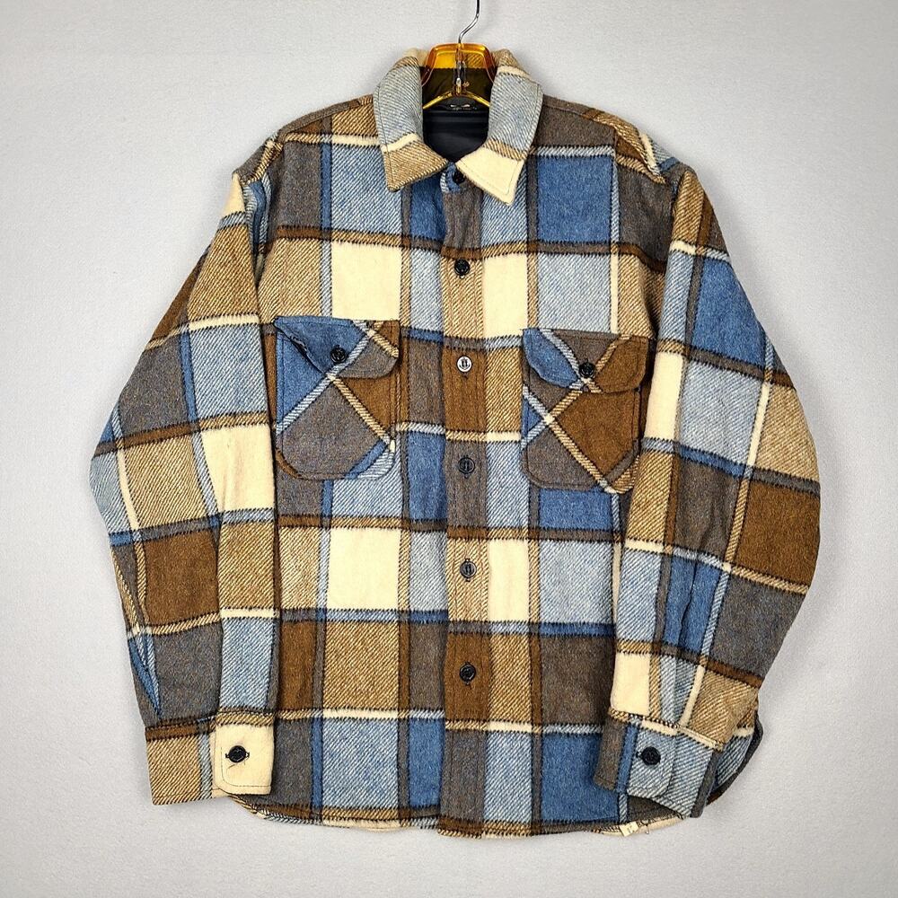 Vtg JCPenney Towncraft Wool Shirt Shacket Mens L Brown Blue Plaid Camp Flannel